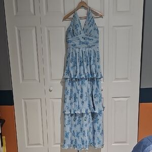 ✨ Blue Floral Pleated Maxi Dress | Bridal Shower / Garden Party Dress | Size 10